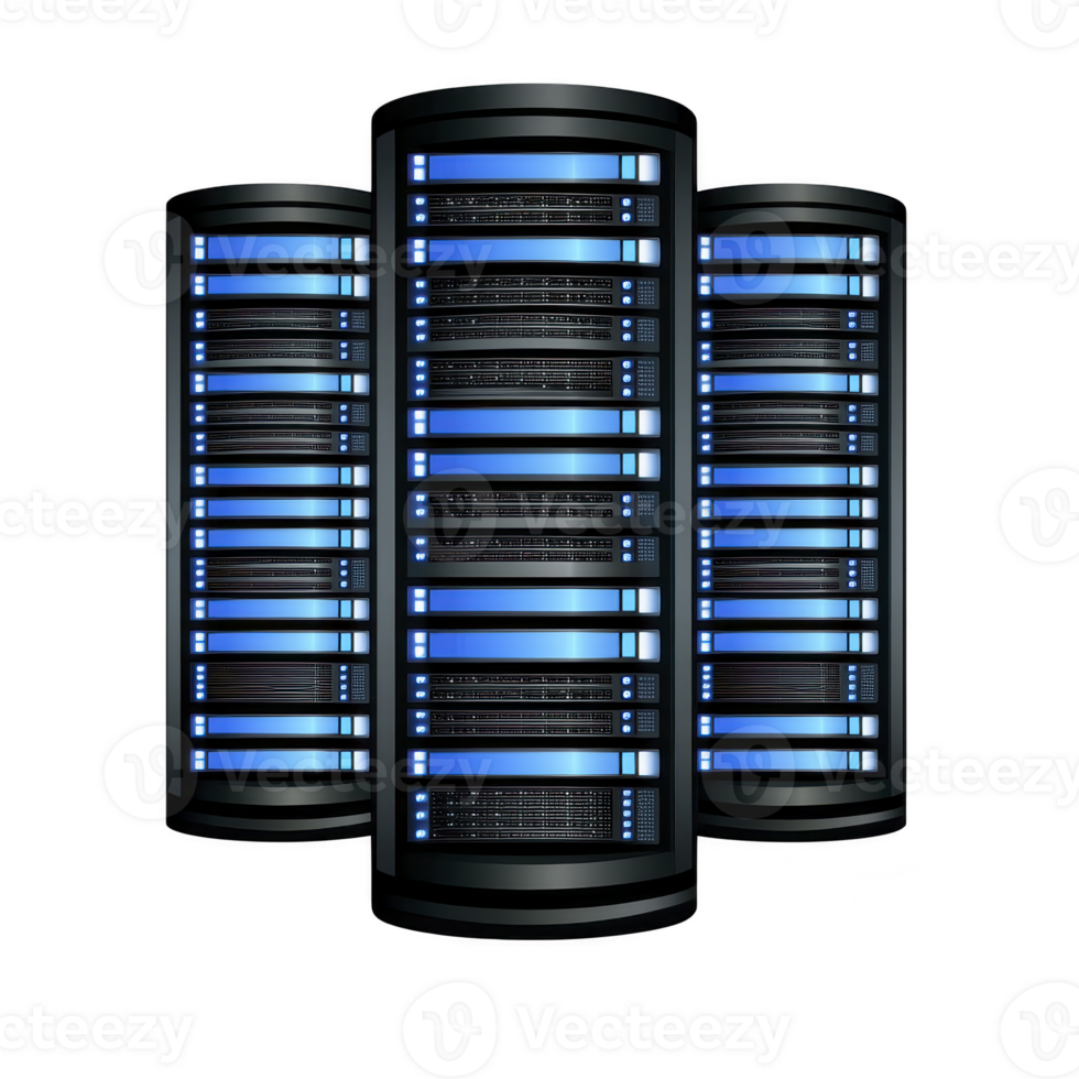 digital illustration of three sleek, modern server racks with glowing blue lights, symbolizing advanced technology and data storage solutions. design is futuristic and efficient png