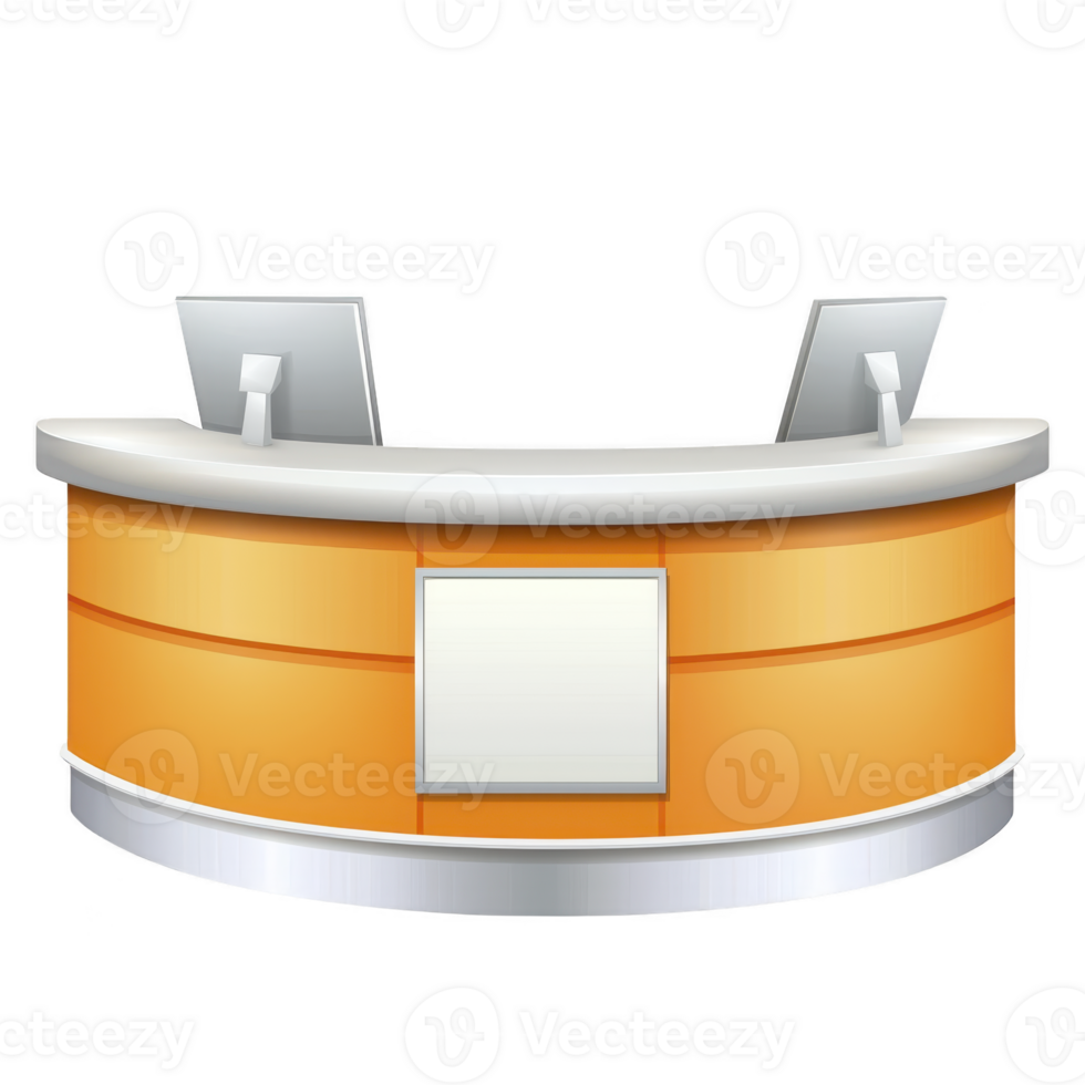 modern, curved reception desk with two computer monitors, featuring sleek orange and white design, ideal for office or hotel lobbies png