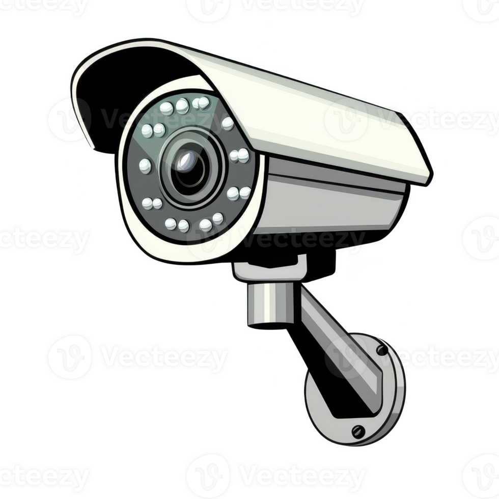 security camera with modern design is mounted on wall, featuring protective cover and infrared sensors for night vision. camera is angled downward for optimal surveillance png