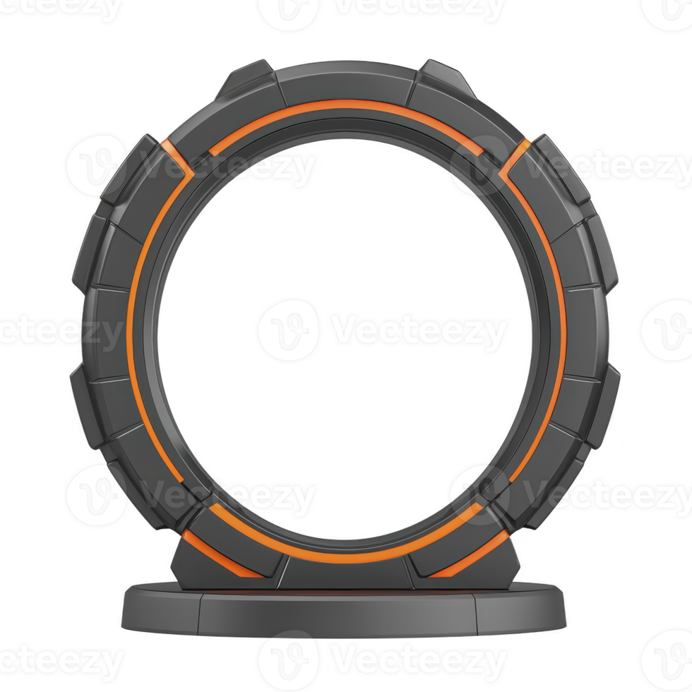 futuristic circular portal with sleek black and orange design, featuring sturdy base and segmented outer ring, evokes sense of advanced technology and innovation png