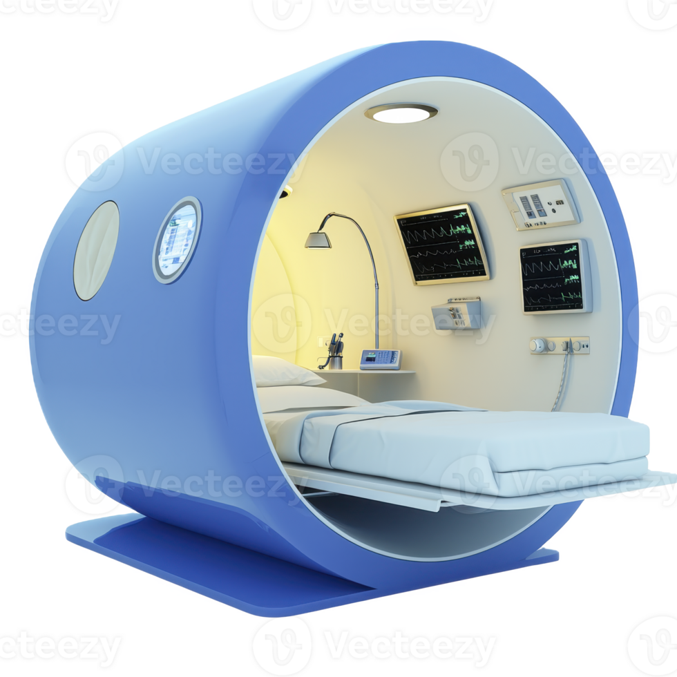 futuristic medical pod with sleek blue exterior and advanced monitoring equipment inside, designed for patient care and treatment. interior features comfortable bed and digital screens png