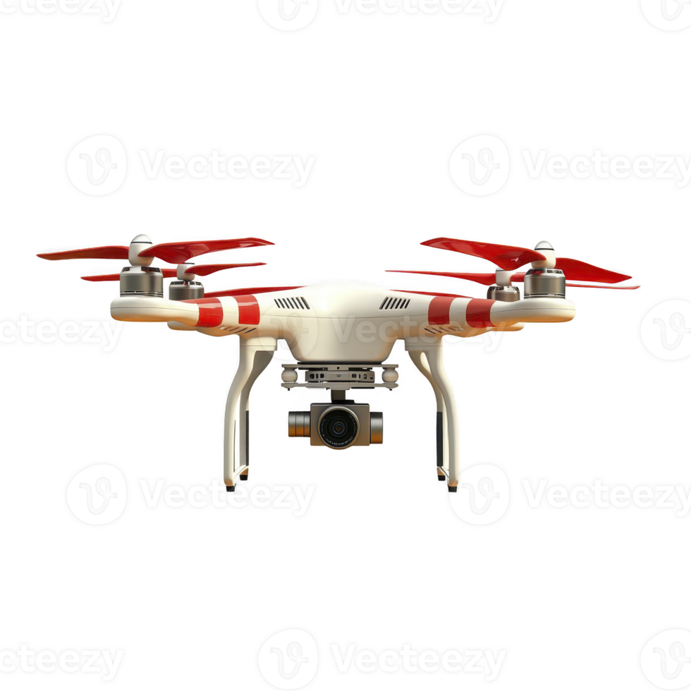 white and red quadcopter drone with mounted camera is shown against plain background, highlighting its sleek design and advanced technology png