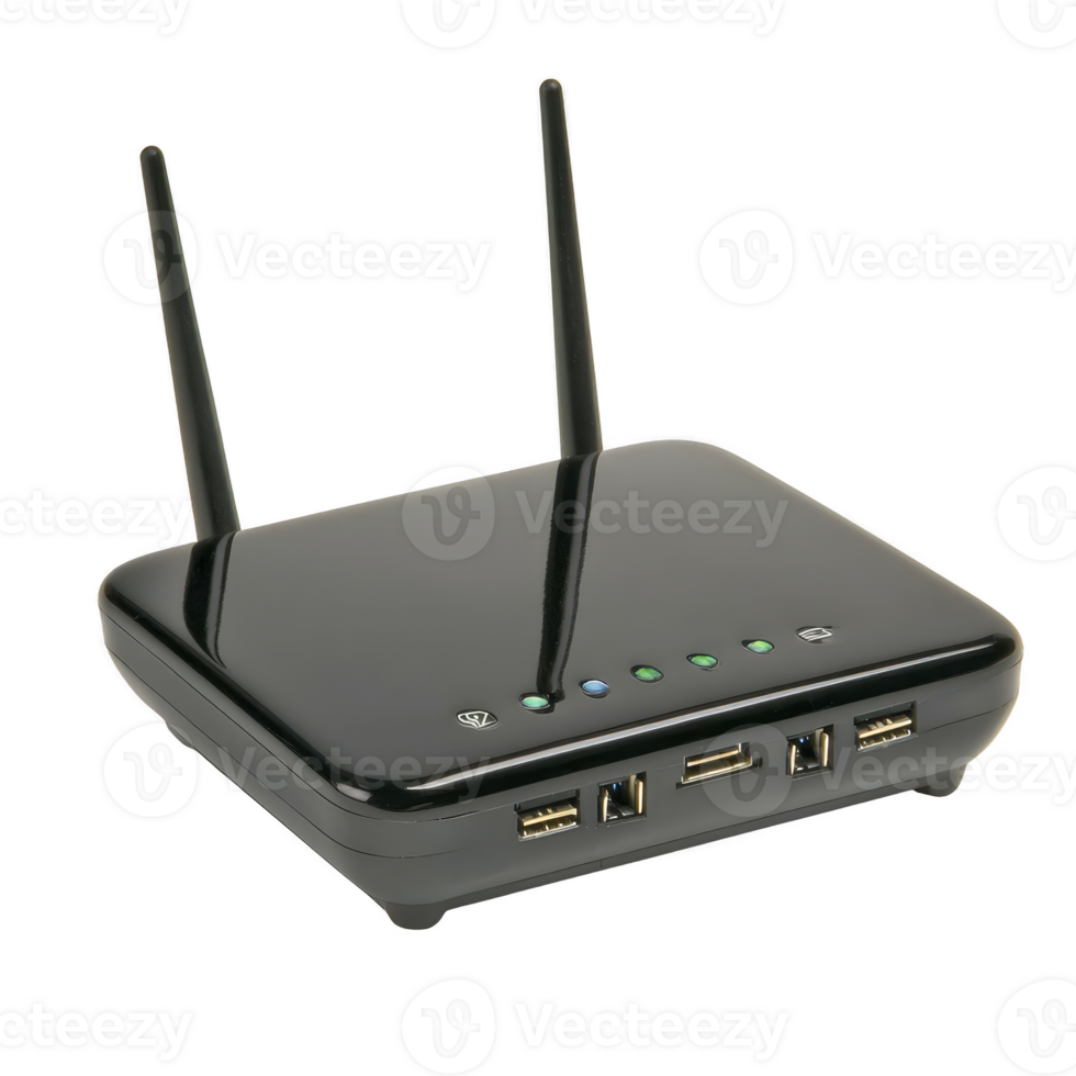 sleek black wireless router with dual antennas and multiple ports, including USB and Ethernet, designed for efficient internet connectivity. device features LED indicators png