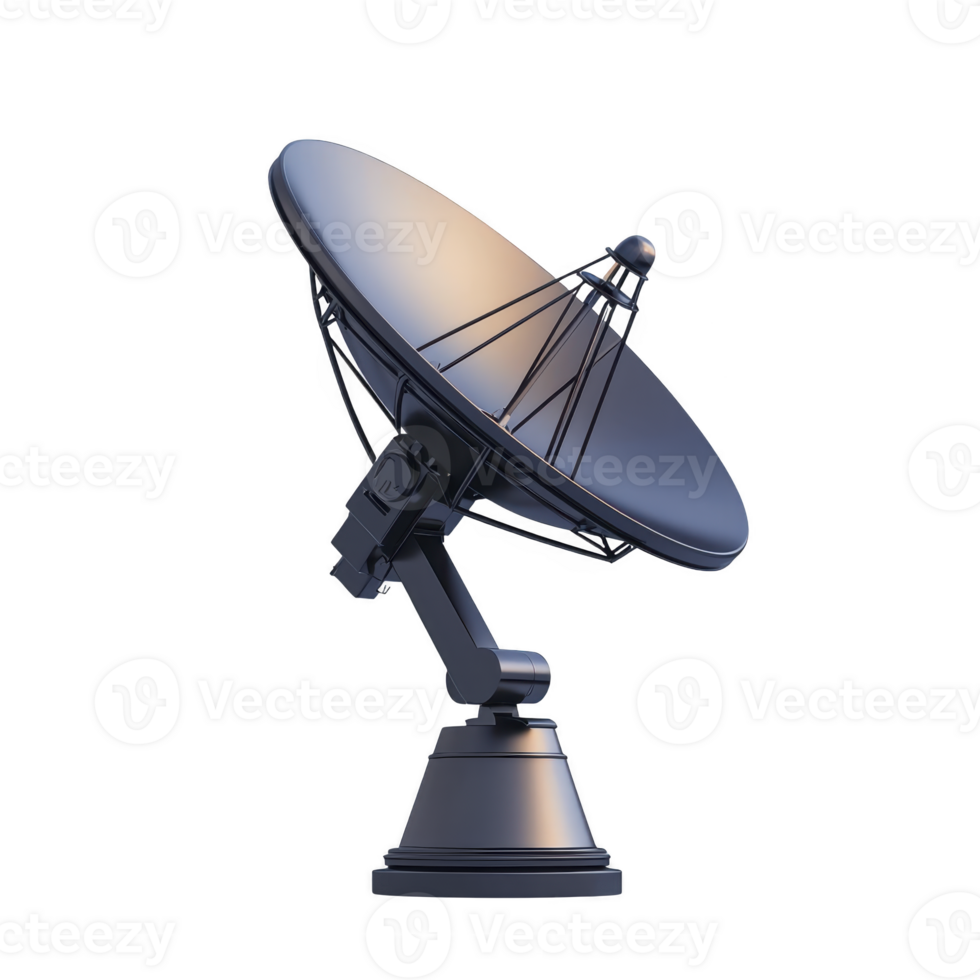 large satellite dish with metallic finish is angled upwards, capturing signals from space. dish is mounted on sturdy base, reflecting light subtly png