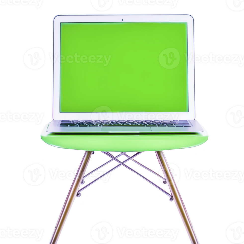 laptop with vibrant green screen sits on modern chair, creating striking contrast. chair features sleek design with metal legs, adding contemporary touch png