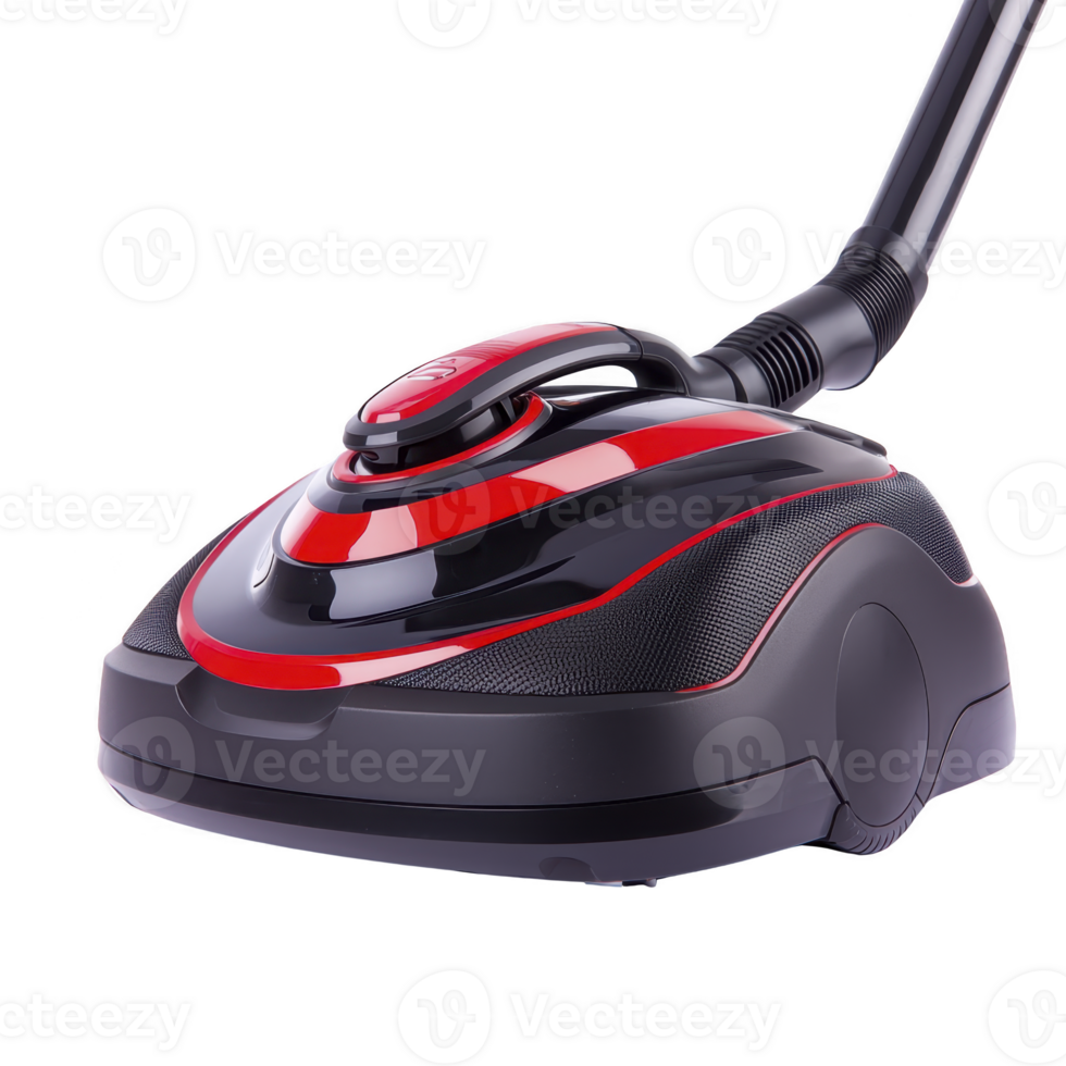 sleek black and red vacuum cleaner with modern design, featuring compact body and flexible hose for efficient cleaning. appliance is designed for home use png