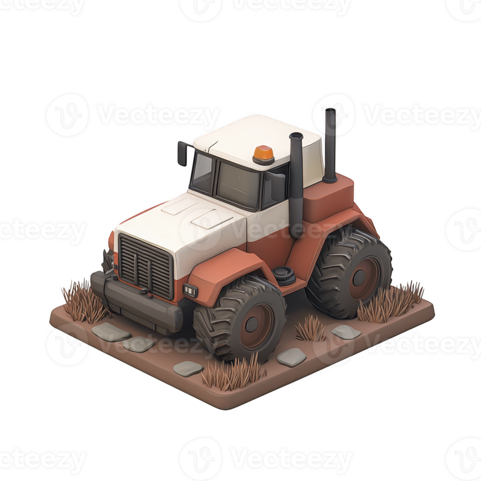 stylized 3D illustration of tractor with large tires and white and red color scheme, set on small patch of land with grass and rocks, conveying rustic charm png
