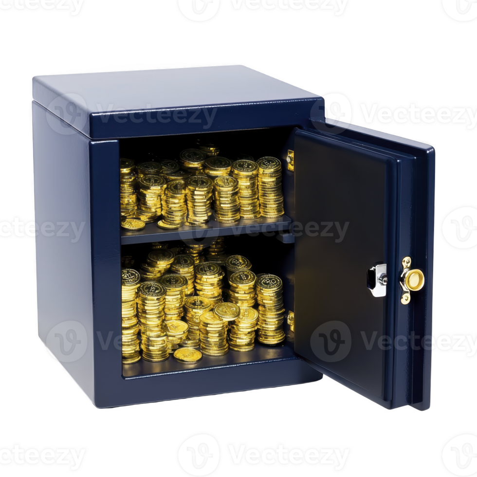 small blue safe with open door reveals stacks of shiny gold coins neatly arranged on two shelves, symbolizing wealth and security png