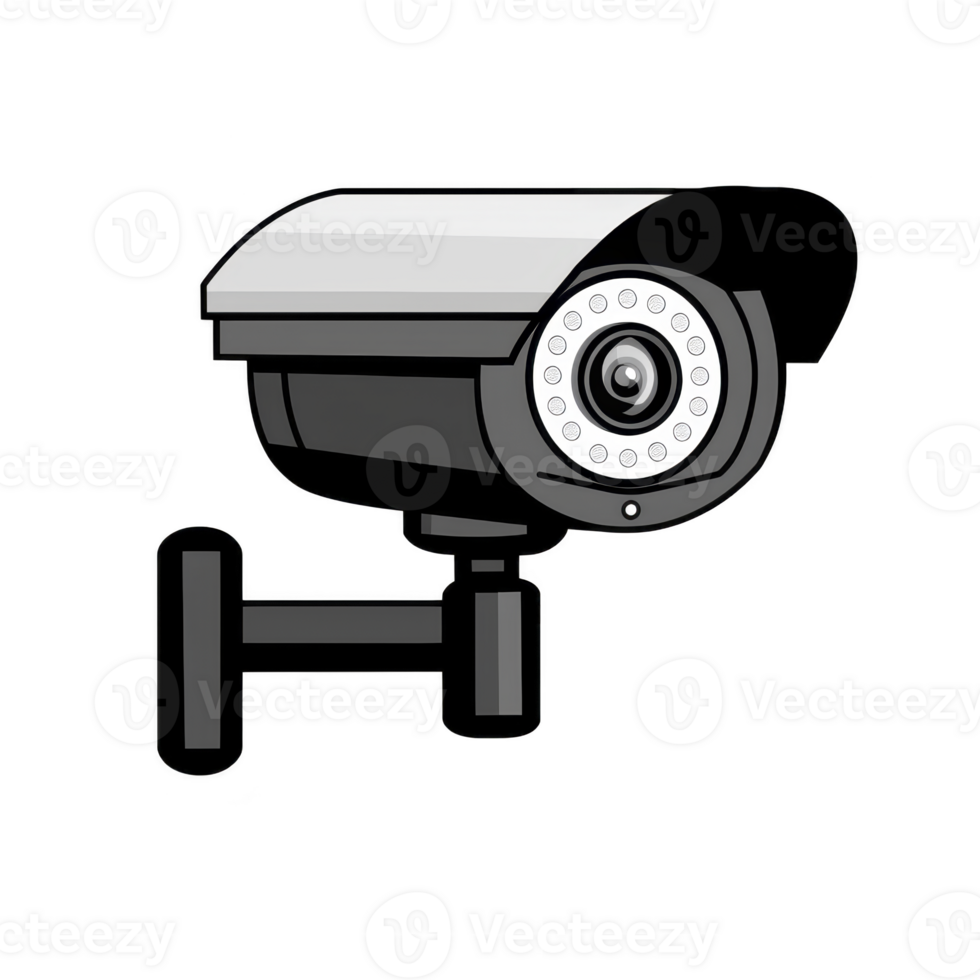 security camera with sleek design is mounted on wall, featuring protective cover and infrared LEDs for night vision. It symbolizes surveillance and safety in various environments png