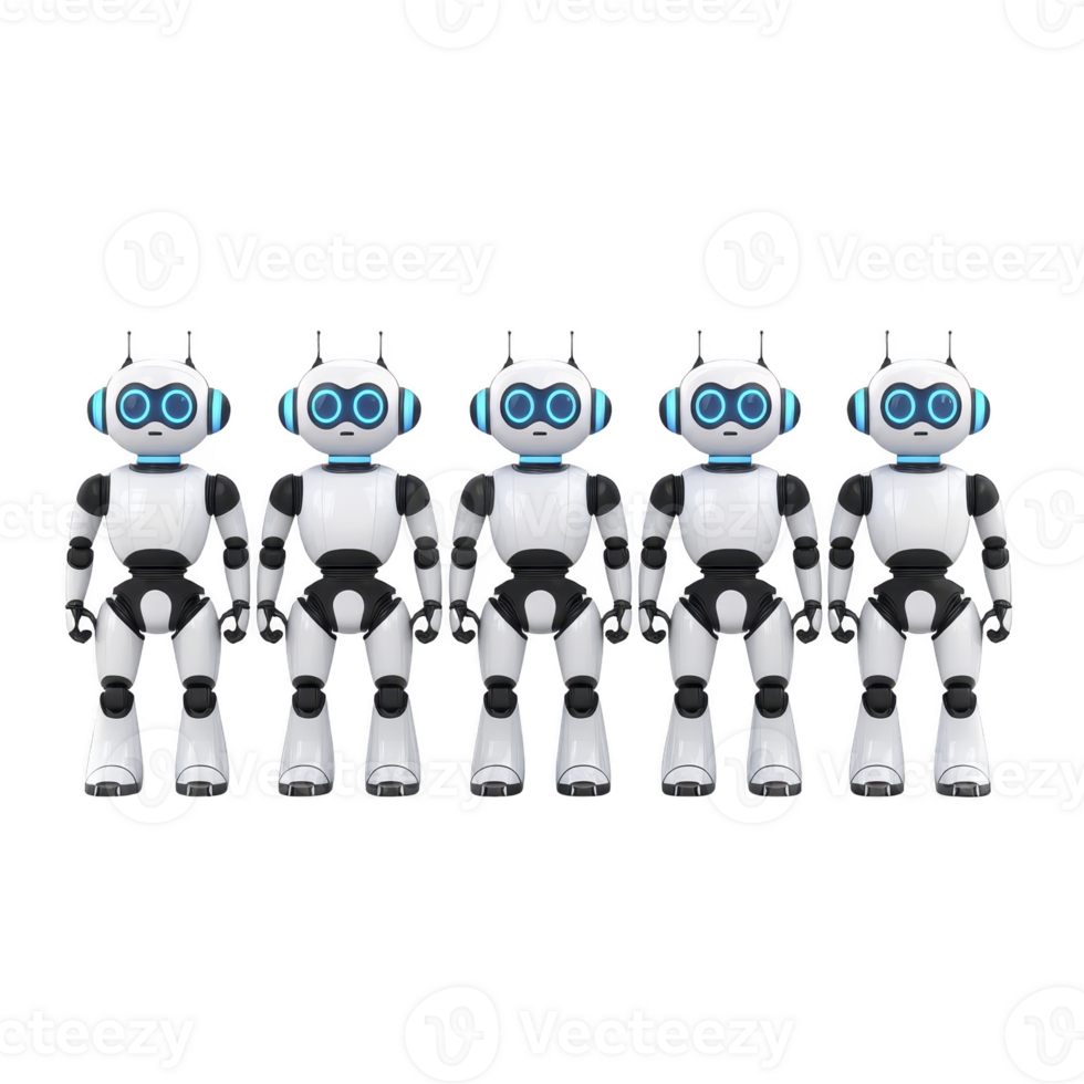 Five cute humanoid robots with blue eyes and antennas stand in row, showcasing futuristic technology and design. Their symmetrical arrangement highlights uniformity and innovation png