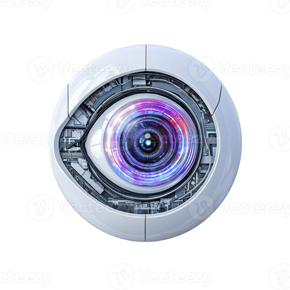 futuristic robotic eye with intricate mechanical details and glowing lens, symbolizing advanced technology and innovation. design is sleek and metallic, evoking sense of precision and modernity png