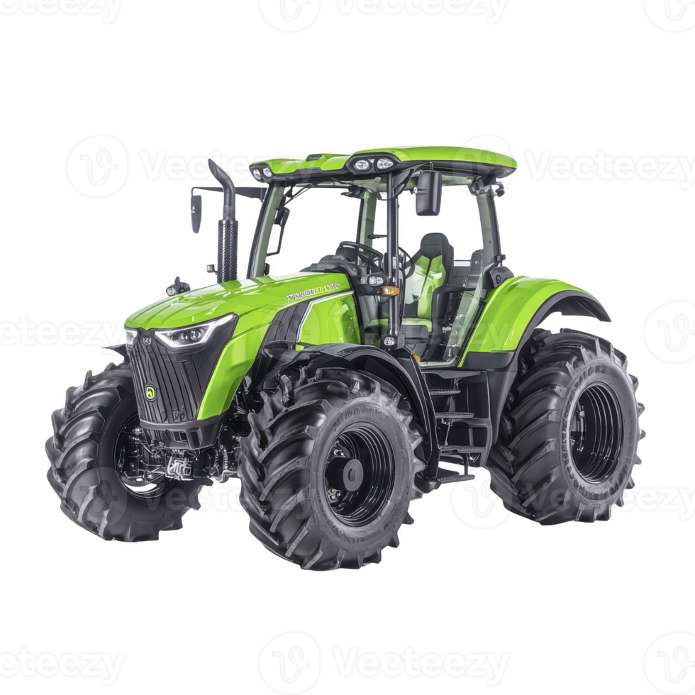 vibrant green tractor with large, rugged tires designed for agricultural use. modern design features spacious cabin and advanced technology, ideal for efficient farming operations png