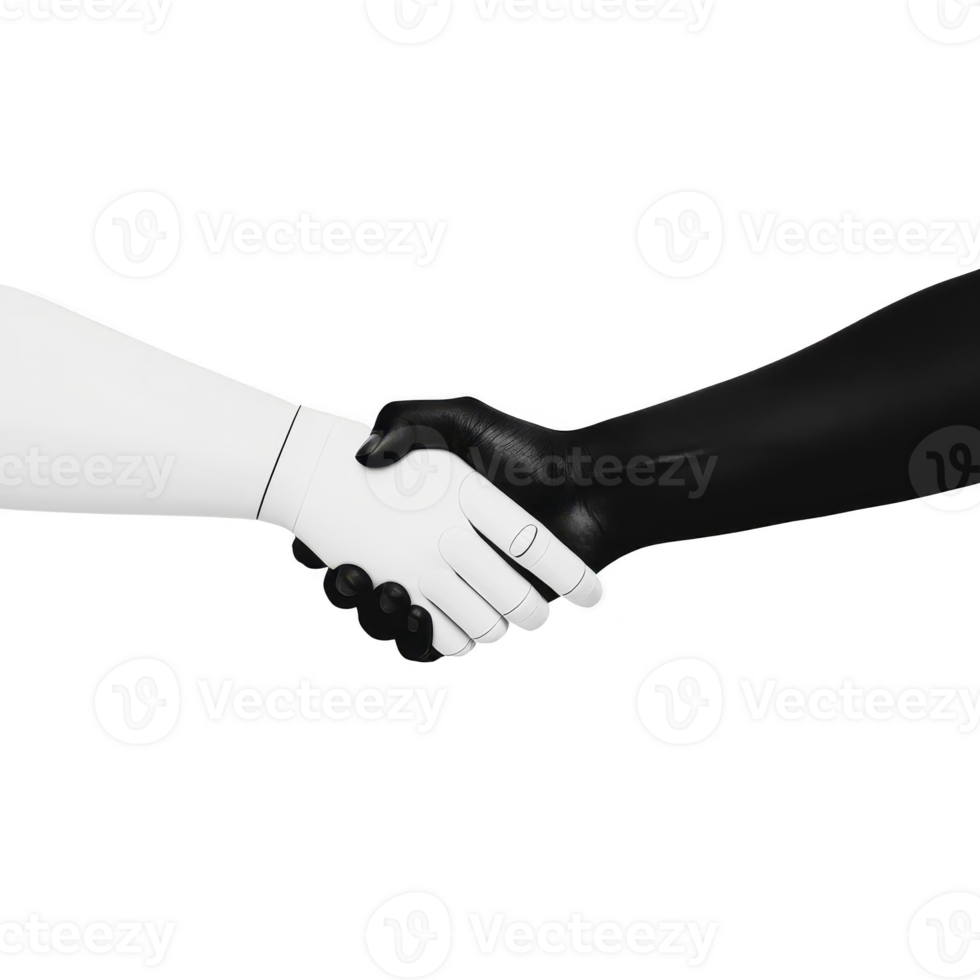 robotic hand and human hand are shaking hands, symbolizing collaboration and unity between technology and humanity. image conveys sense of partnership and futuristic cooperation png