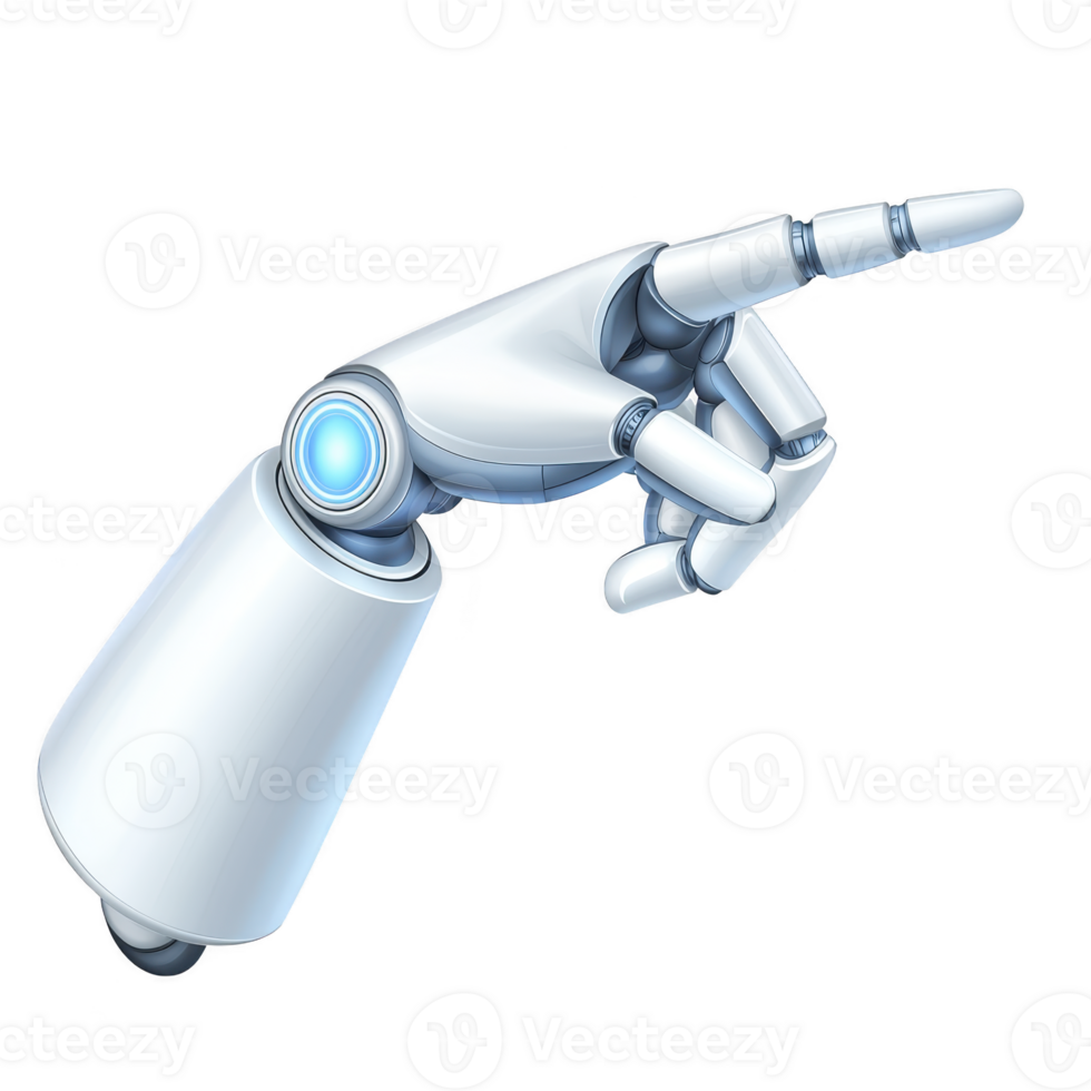 robotic hand with sleek, futuristic design is pointing forward, showcasing advanced technology and innovation. metallic fingers and joints highlight precision and modern engineering png