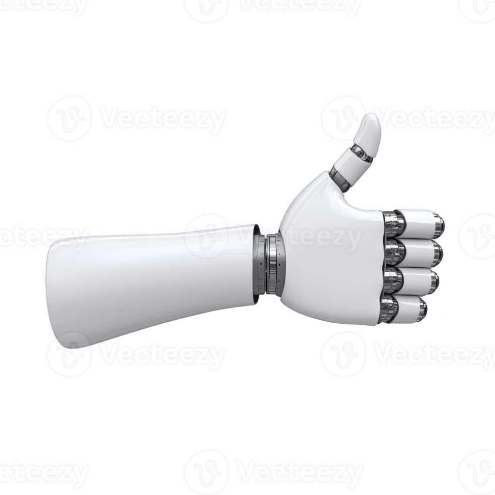 robotic hand with sleek white design gives thumbs up gesture, symbolizing approval and positivity. metallic joints add futuristic touch to artificial limb png