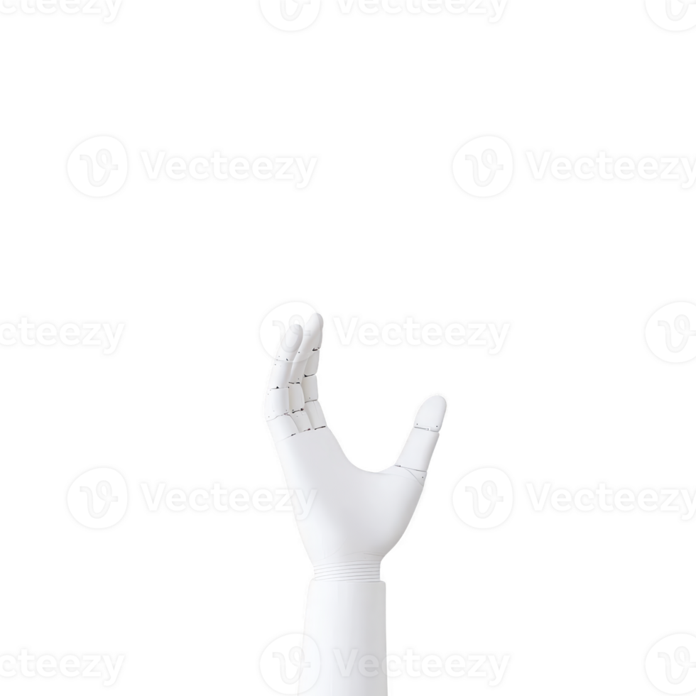 white robotic hand is reaching upwards against plain background, showcasing advanced technology and innovation. sleek design highlights intersection of engineering and modern aesthetics png