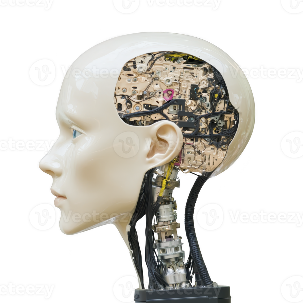 humanoid robot head with visible internal circuitry and mechanical components showcases advanced technology and artificial intelligence. design is sleek and futuristic, highlighting innovation png