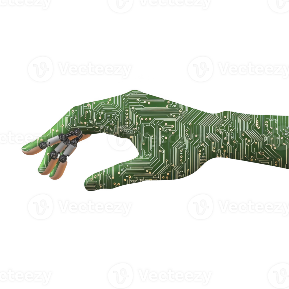 robotic hand with circuit board design symbolizes fusion of technology and human like dexterity, showcasing innovation in artificial intelligence and robotics png