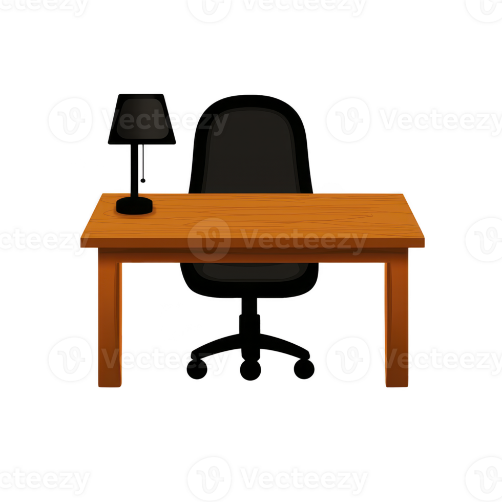 wooden desk with black office chair and lamp creates simple and professional workspace. setup is ideal for home office or corporate environment png