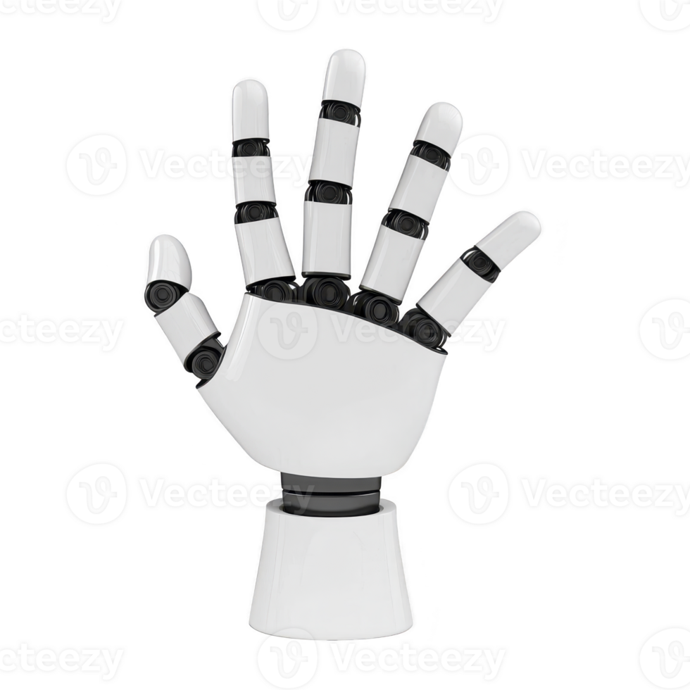 robotic hand with sleek, modern design is shown, featuring articulated fingers and glossy white finish. hand is positioned upright, suggesting gesture of greeting or readiness png
