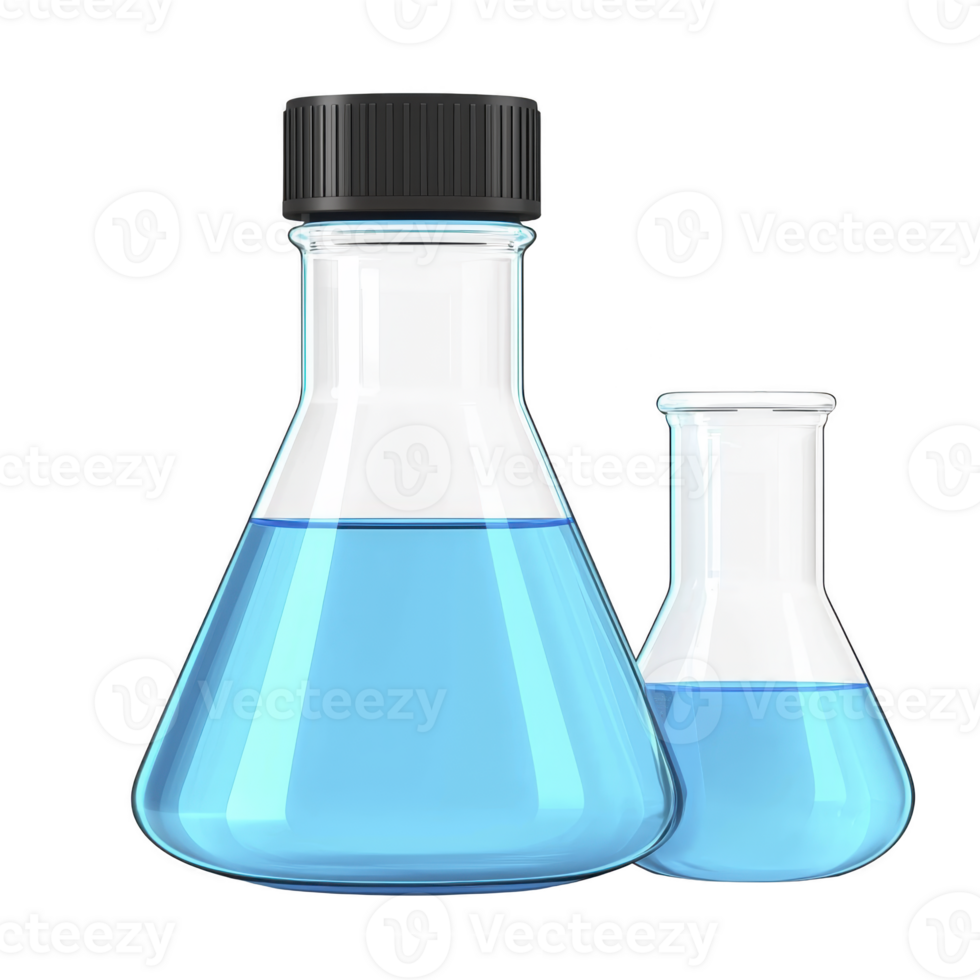 Two laboratory flasks filled with blue liquid, one larger with black cap and one smaller, are used for scientific experiments and research png