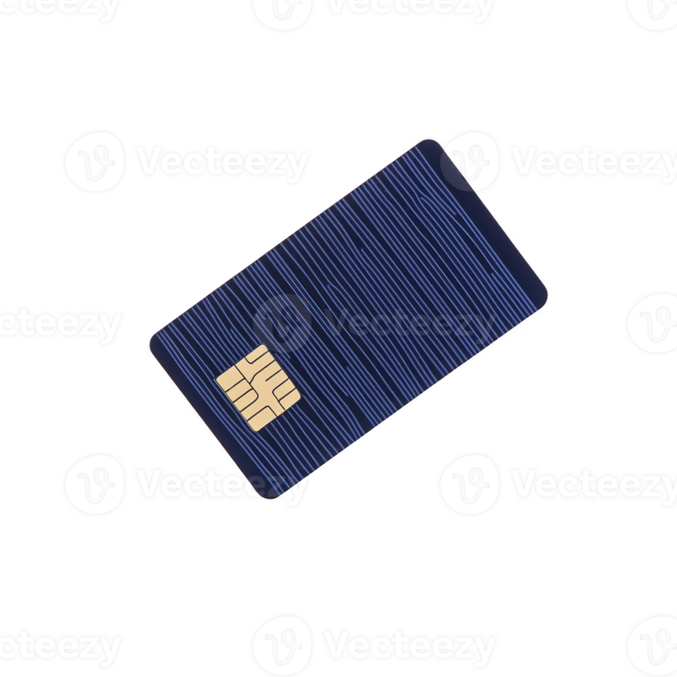 blue credit card with chip is displayed against transparency background, showcasing its sleek design and modern technology. card is angled slightly, emphasizing chip placement png