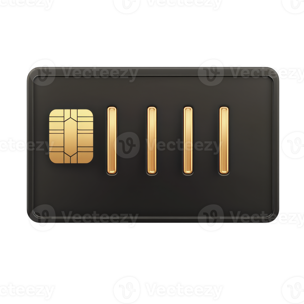 black SIM card with gold chip and connectors is displayed, symbolizing mobile communication technology. sleek design emphasizes modern connectivity and data transfer png