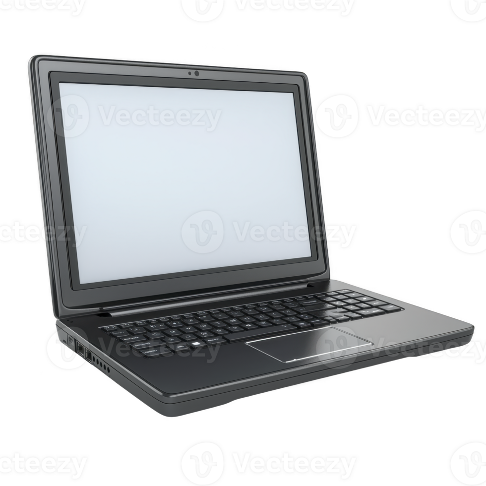 sleek black laptop with blank screen is open, showcasing its keyboard and touchpad. device is angled slightly to right, highlighting its modern design and portable nature png