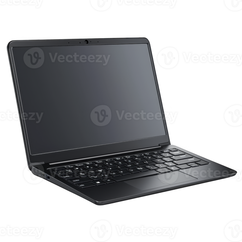 sleek black laptop with modern design, featuring slim profile and reflective screen, perfect for professional or personal use. keyboard is backlit, enhancing usability in low light conditions png