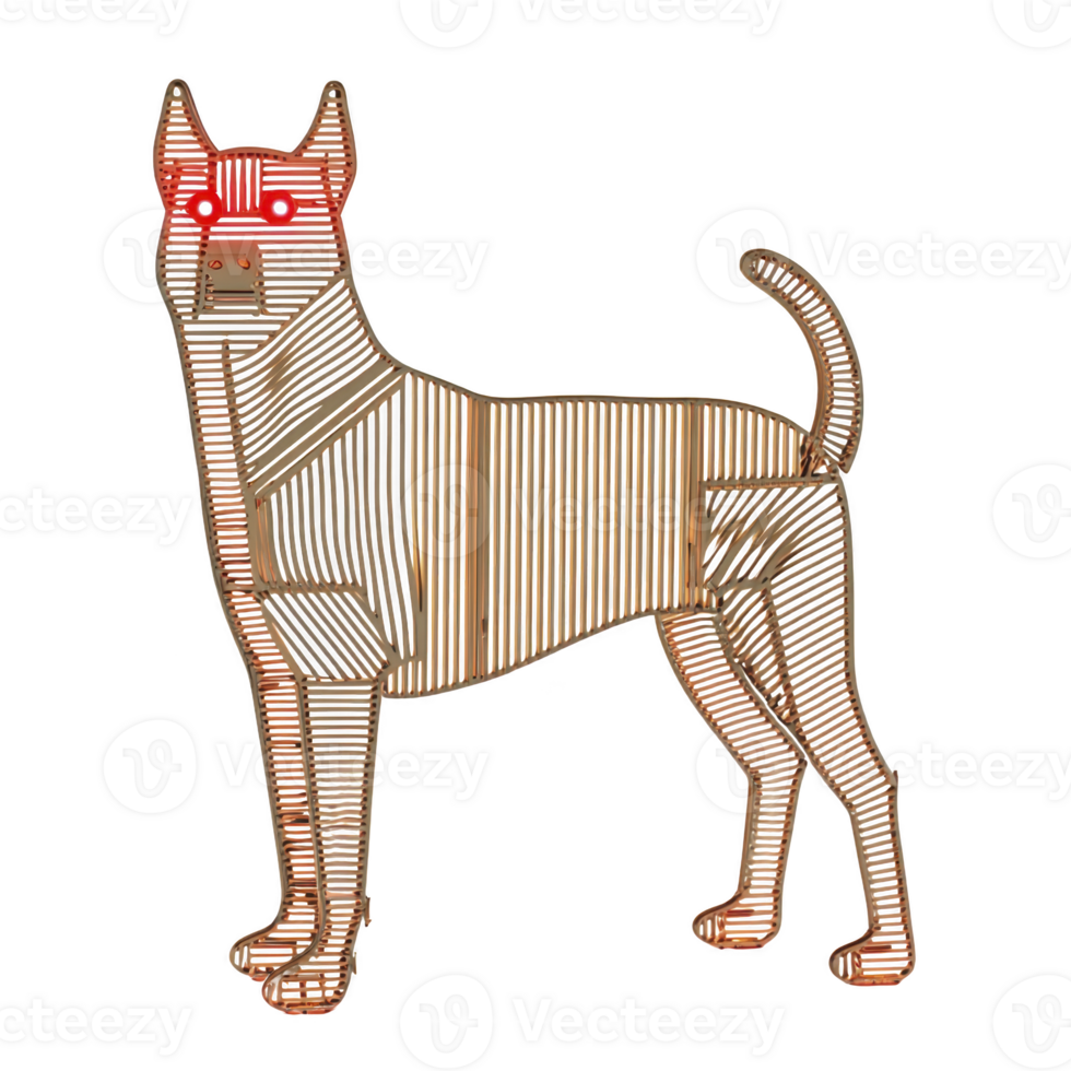 This features stylized, abstract representation of dog with striped pattern and red eyes, standing alertly. design is artistic and modern, emphasizing geometric shapes and lines png
