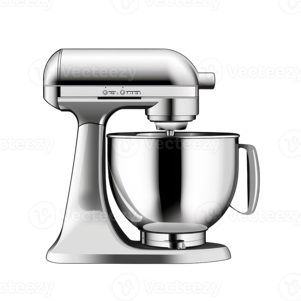 sleek silver stand mixer with shiny metal bowl, perfect for baking and cooking enthusiasts. mixer features modern design with multiple speed settings for versatile use png