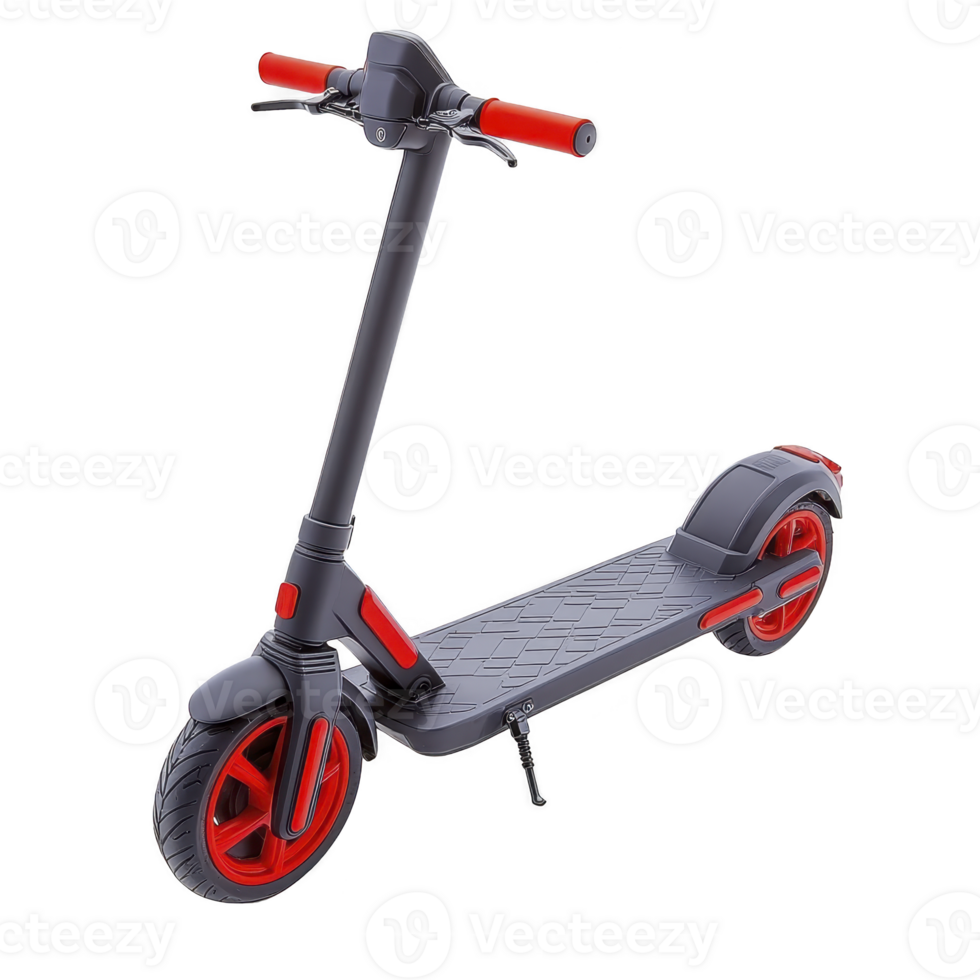 sleek electric scooter with modern design features black frame and vibrant red accents on wheels and handlebars, offering stylish and efficient mode of urban transportation png