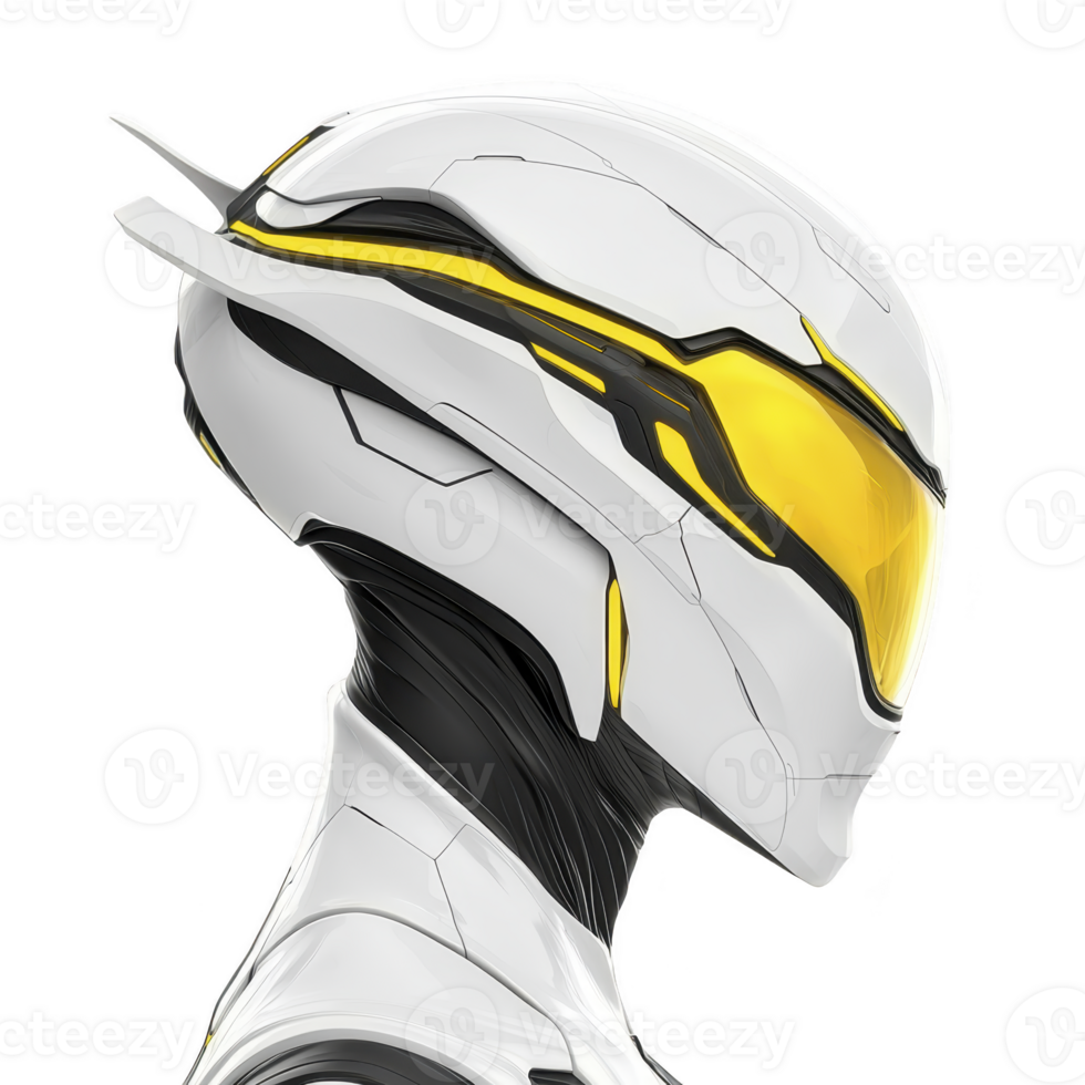 sleek futuristic robot with white and yellow helmet, featuring streamlined design and glowing visor, exudes sense of advanced technology and innovation png