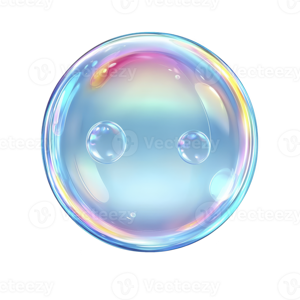 colorful, iridescent soap bubble with transparent surface reflects light, creating rainbow effect. bubble appears delicate and ethereal against plain background png