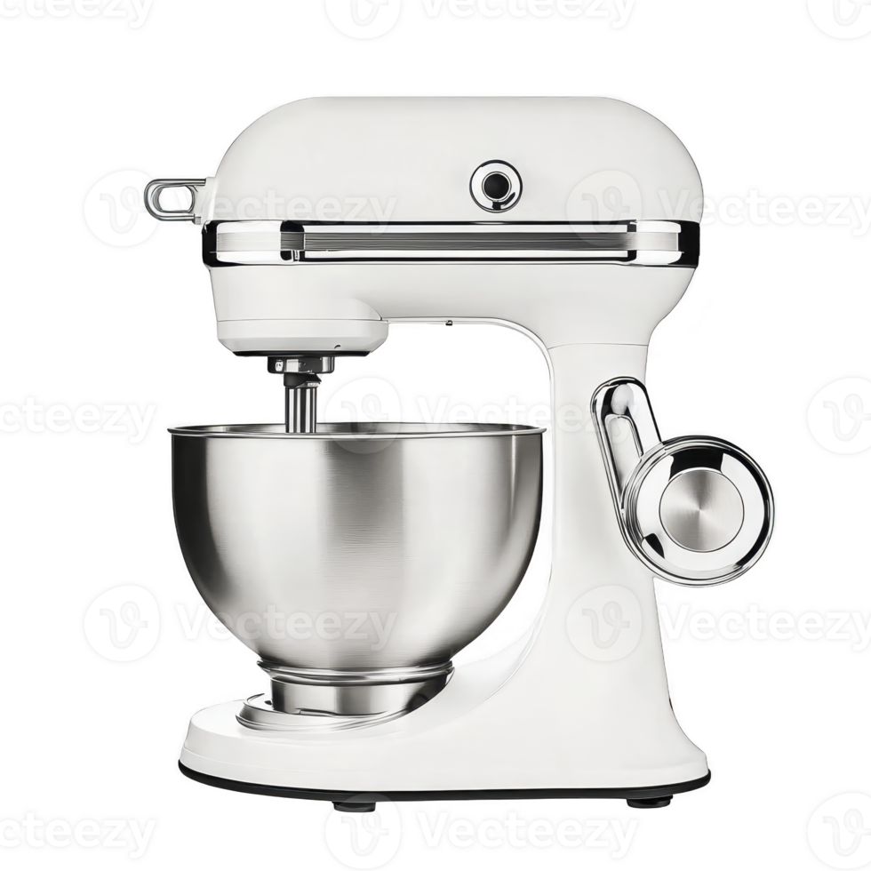 sleek white stand mixer with stainless steel bowl, perfect for modern kitchens and baking enthusiasts. Its elegant design and functionality make it must have appliance png