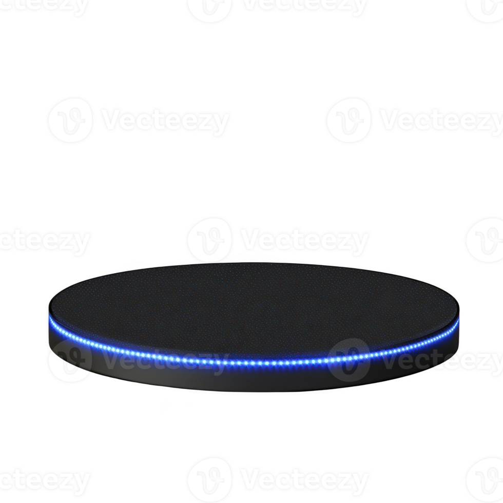 sleek black circular platform with glowing blue LED strip around edge, creating modern and futuristic appearance. Ideal for showcasing products or as decorative element png