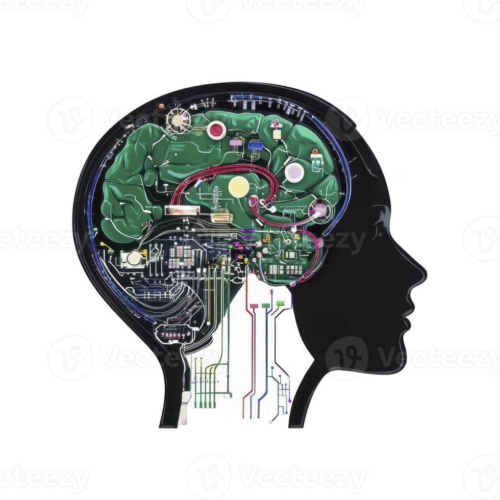 digital illustration of human head silhouette with brain composed of electronic circuits and components, symbolizing artificial intelligence and technology integration png