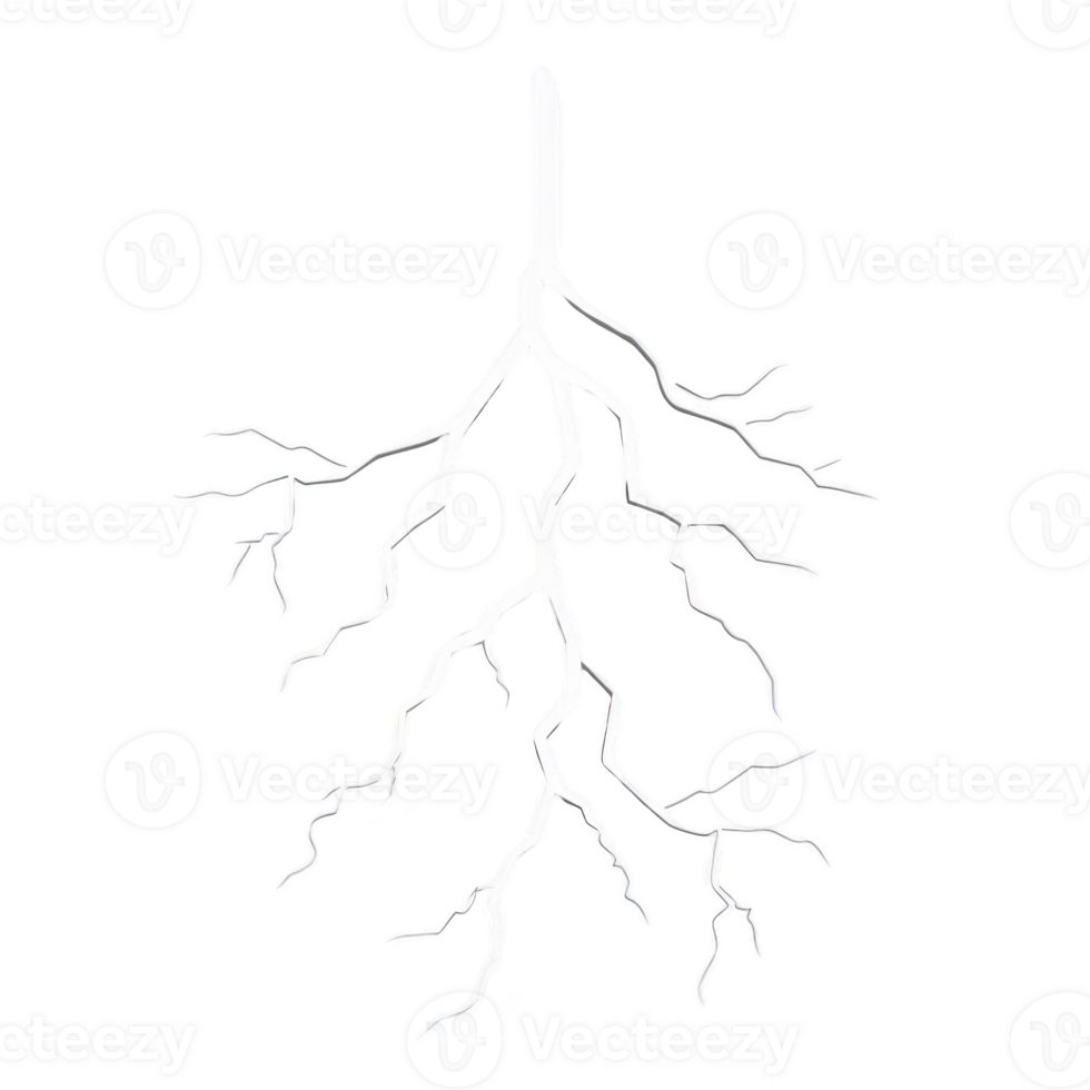 A striking white lightning bolt with branching tendrils on transparency background, symbolizing power and energy. jagged lines create dramatic and electrifying visual effect png