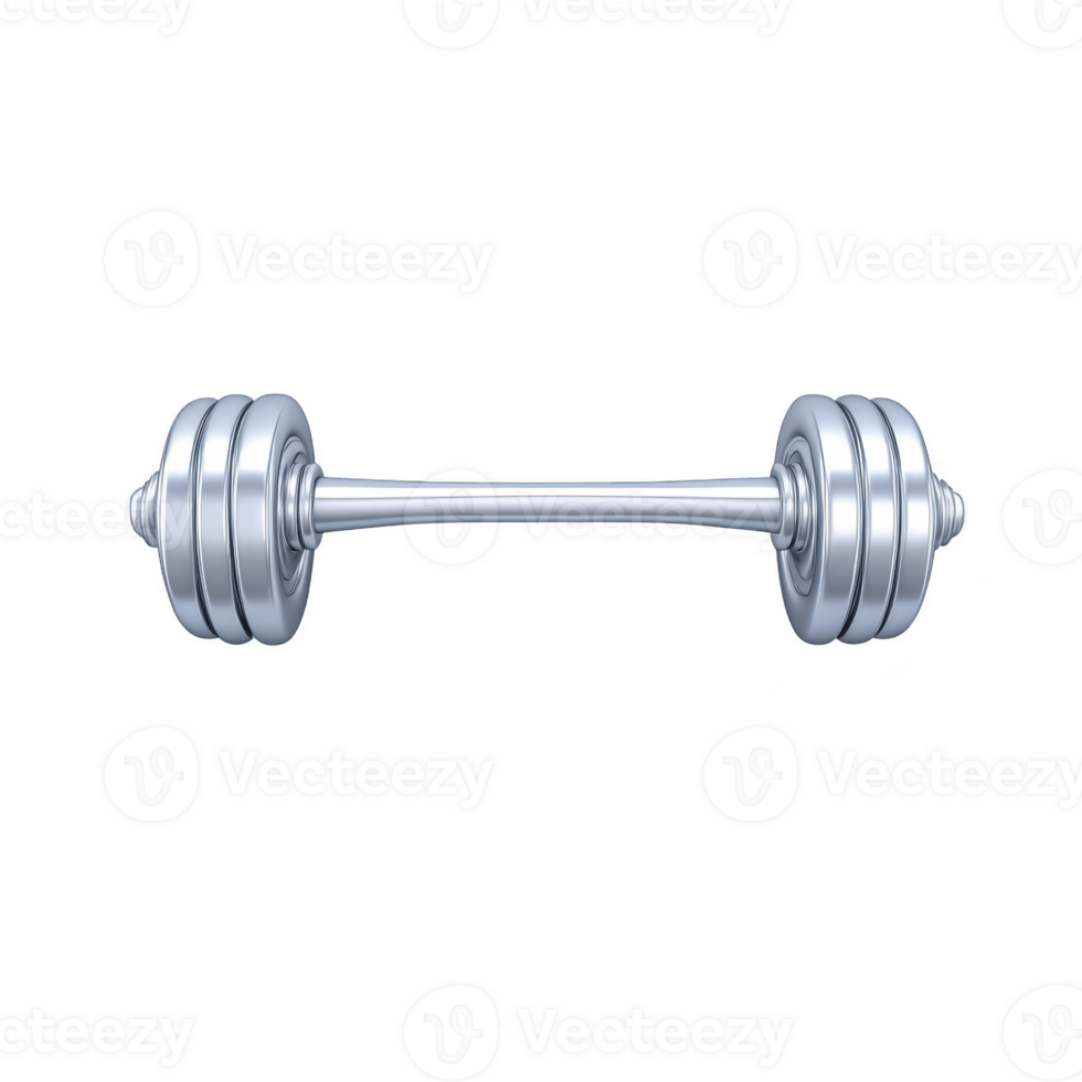 shiny silver dumbbell with multiple weight plates is centered on plain background, symbolizing strength and fitness. metallic finish reflects light, highlighting its sleek design png