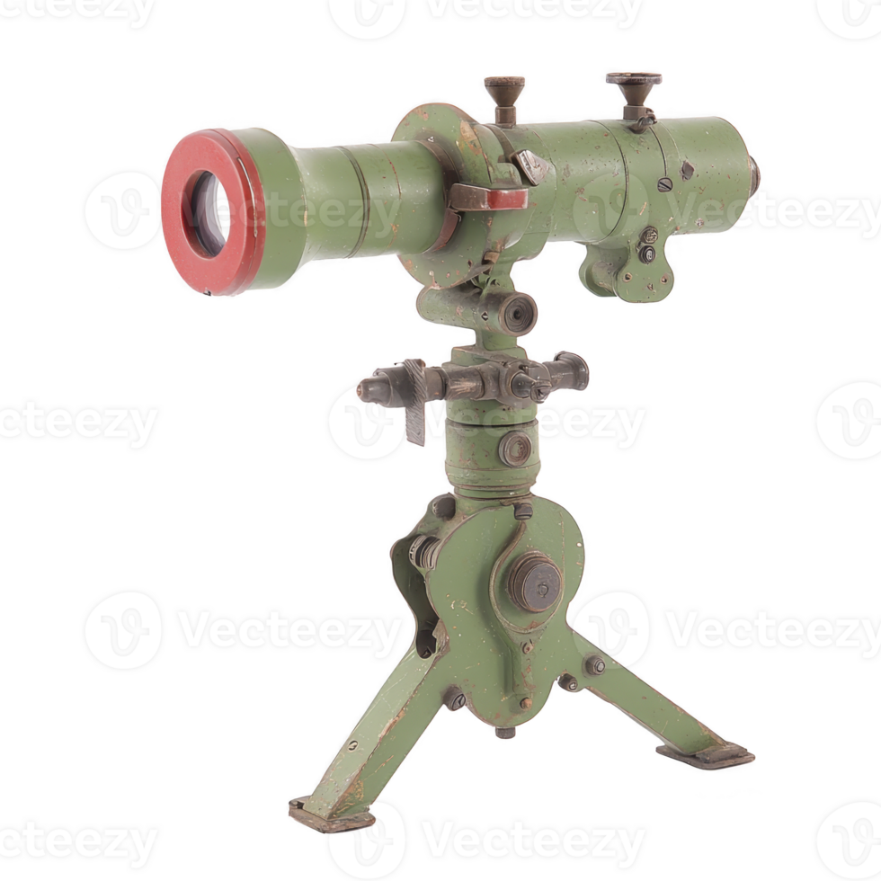 vintage green military telescope with red eyepiece, mounted on sturdy tripod, showcasing rugged and weathered design png