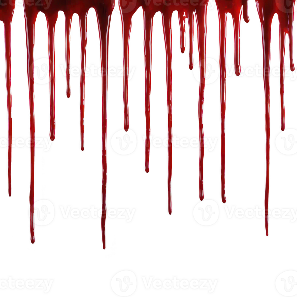A Red liquid drips down against transparency background, creating dramatic and eerie effect. vivid color and texture suggest sense of suspense or horror, making it ideal for themed designs png