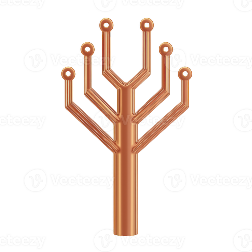 stylized copper tree sculpture with modern, abstract design features multiple branches ending in circular nodes. metallic finish gives it sleek, contemporary look png
