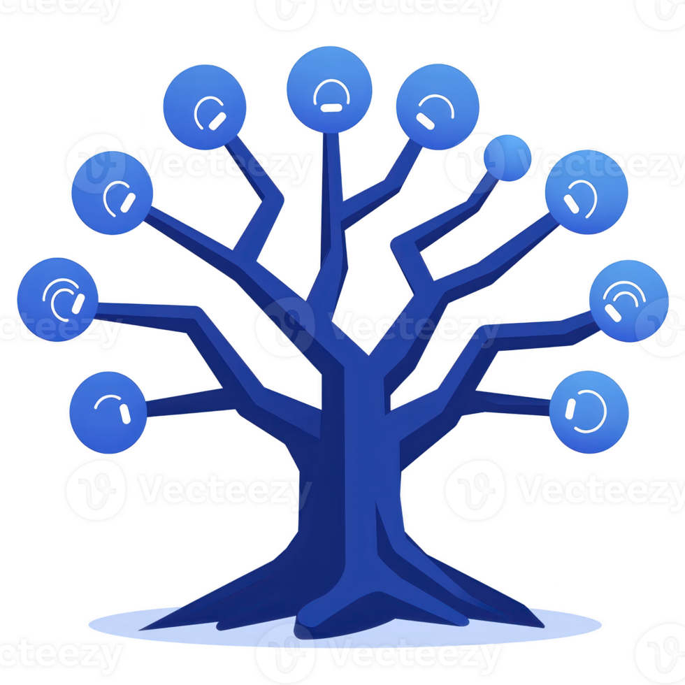stylized blue tree with branches ending in circular nodes, each featuring headset icon, symbolizes communication and connectivity. abstract design conveys modern, tech inspired theme png