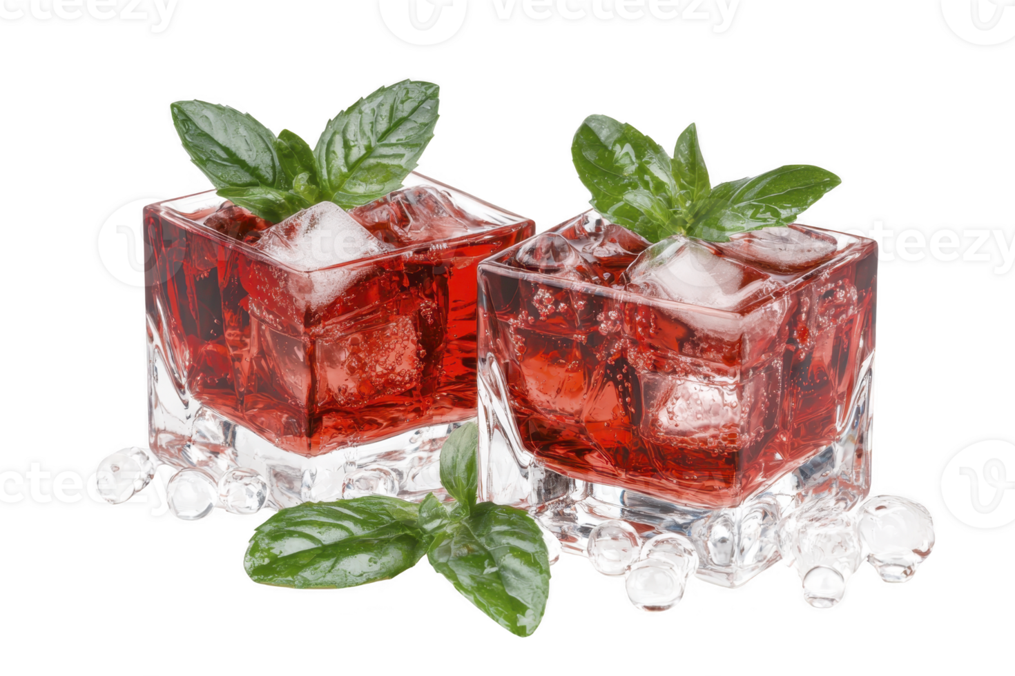 A Two refreshing red cocktails in square glasses are garnished with fresh mint leaves and surrounded by ice cubes, creating cool and inviting presentation png