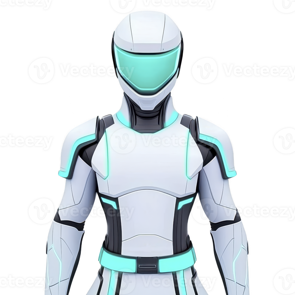 futuristic humanoid robot in sleek white and teal armor stands confidently, showcasing advanced technology and design. robot helmet features glowing visor, adding modern touch png