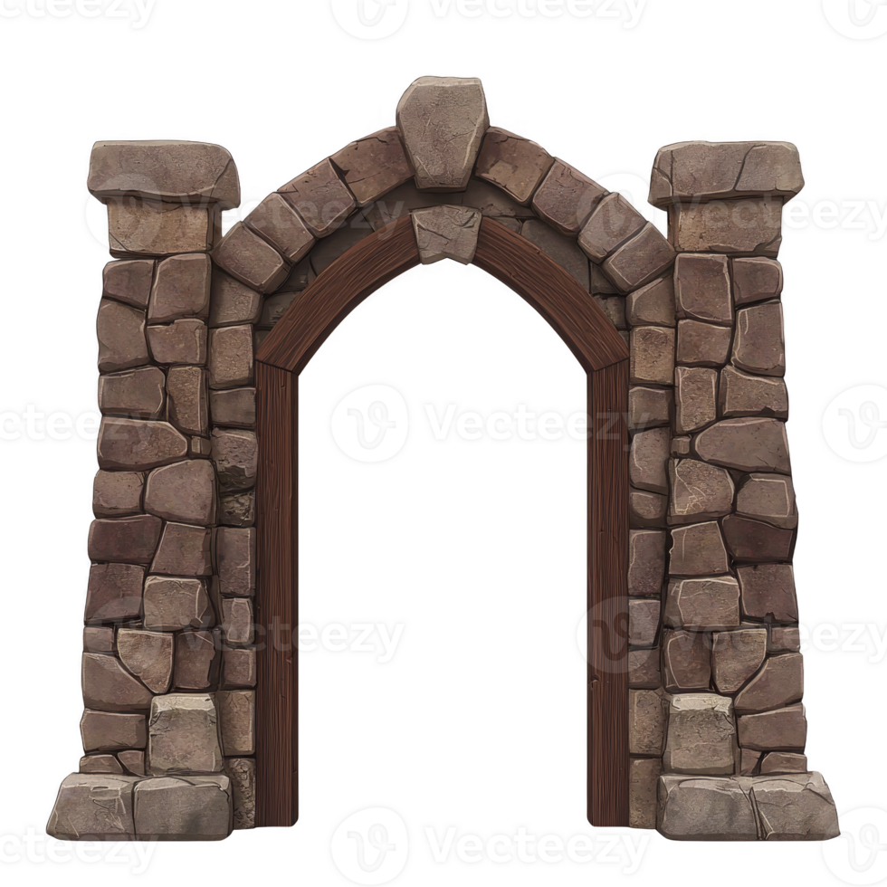 rustic stone archway with wooden frame, showcasing medieval architectural style. arch is constructed with irregularly shaped stones, creating historic and sturdy appearance png