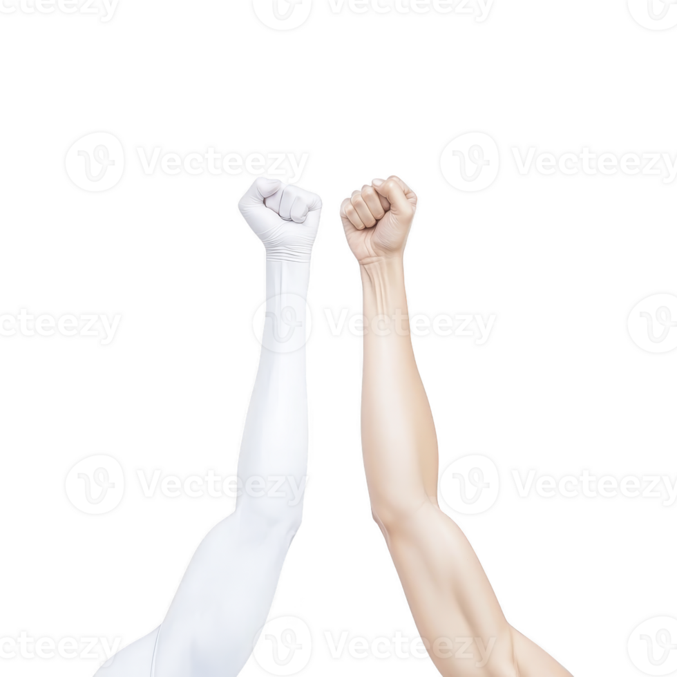 Two raised fists, one in white glove and other bare, symbolize unity and strength against transparent background. contrasting colors highlight diversity and solidarity png