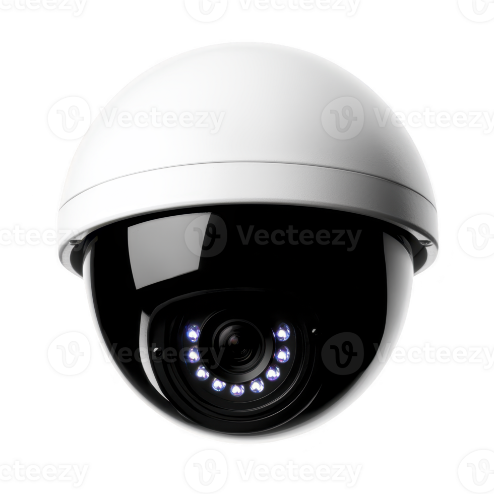 white dome security camera with infrared LEDs for night vision, designed for indoor or outdoor surveillance, providing enhanced security and monitoring capabilities png