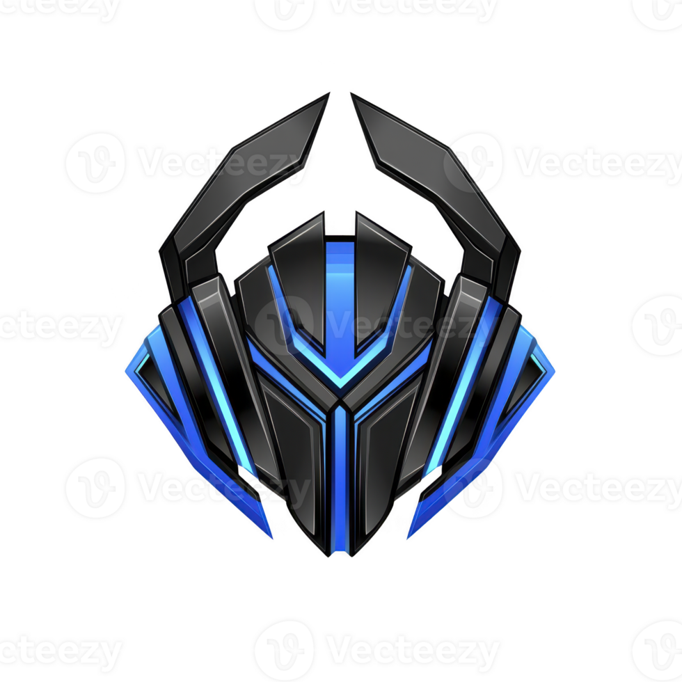 futuristic, robotic helmet design with sharp angles and glowing blue accents, evoking sense of advanced technology and innovation. sleek, symmetrical structure suggests high tech, sci fi aesthetic png