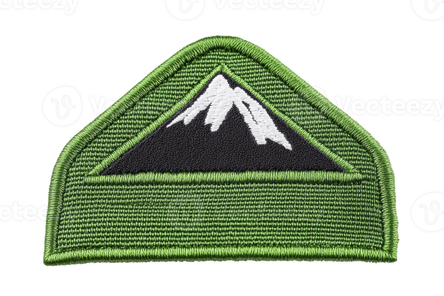 A green embroidered patch features stylized mountain design with white peaks, set against transparency background. patch is triangular with green border, symbolizing adventure and nature png